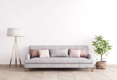 Basit beyaz arka planlı iç mimari modeli. Modern İskandinav uzay konsepti. Oturma odası evcil evi. Üzerinde gri kadife kanepe ve pembe yastıklar olan ahşap zemin lambası. 3 boyutlu görüntüleme. 3d Görüntü