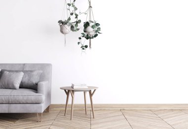 oturma odasındaki modern iç kanepede modelleme, boş duvar, 3 boyutlu görüntüleme.