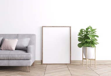 Ev içi poster dikey ahşap çerçeve, İskandinav konsept stili. Yeşil bitkili gri kanepe. Beyaz duvar arka planı. 3 boyutlu görüntüleme. Görüntü