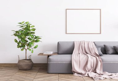 Gri rahat kanepe ve beyaz şablondan yapılmış bir çaydanlık modeli, tek A3 ahşap çerçeve posteri, şık bir ev fotoğrafı, stok fotoğrafı. 3B görüntüleme, illüstrasyon