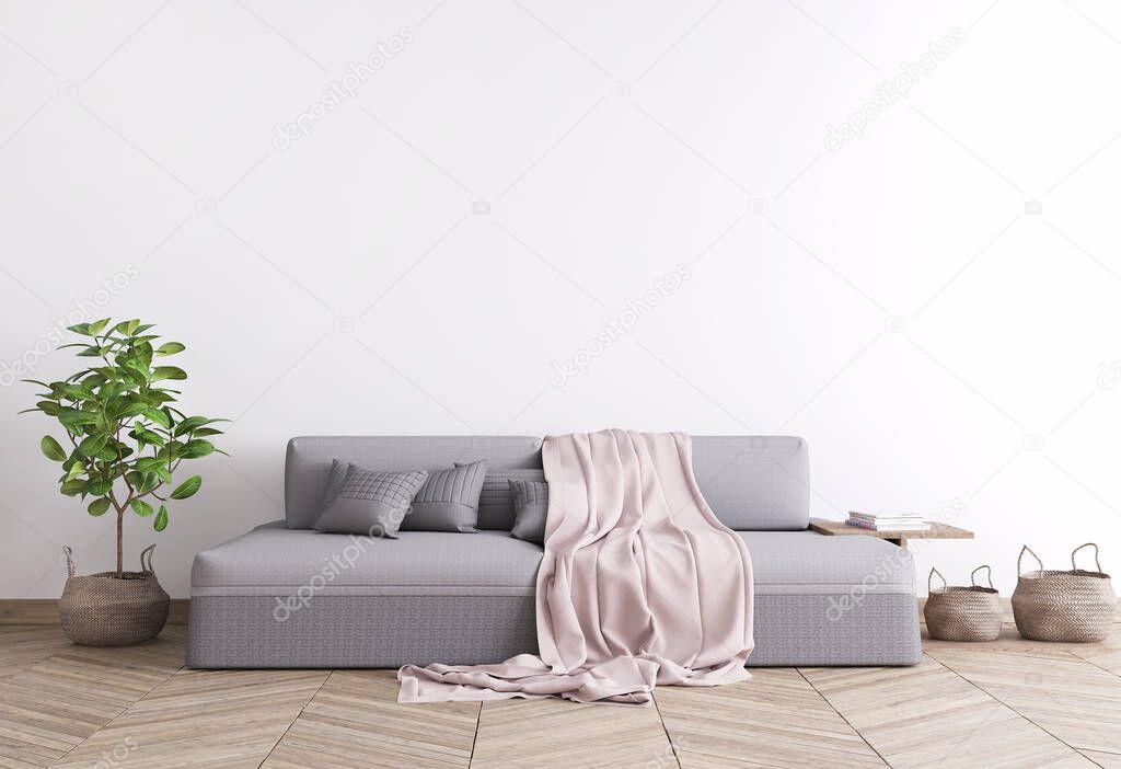 Bright interior design of living room with stylish grey furniture with pink plaid on sofa, rattan pot with green plant, empty white background, home decor, mock up interior. 3D rendering. Illustration