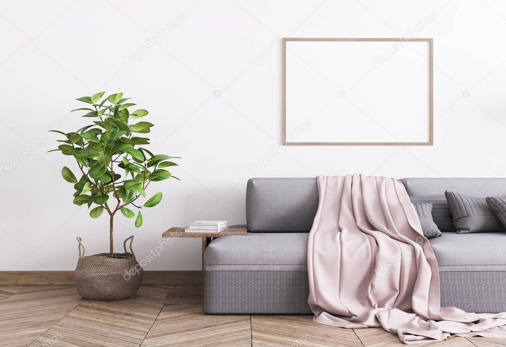 Grey comfortable couch and a rattan pot in white template interior mock up, Single A3 wood frame poster, stylish home photo, stock photo. 3D rendering, illustration