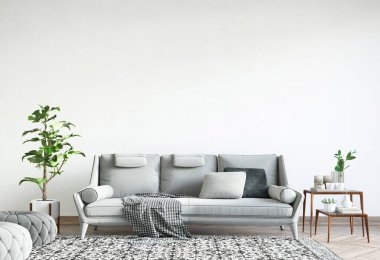 Duvarı parlak iç tasarım, gri kanepe, modern oturma odasında bitki ve halı, boş duvar, 3 boyutlu şekil