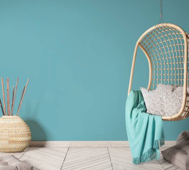 Güzel mavi arka planda boş duvar iç tasarımı, rattan salıncak ve İskandinav çiftlik tarzı ev tasarımı.