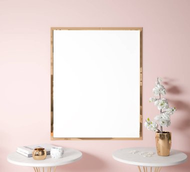 Zarif pembe arka planda modern altın dikey çerçeve, asgari tarz iç dekorasyon, beyaz çiçekli mermer masalar. 3d oluşturma