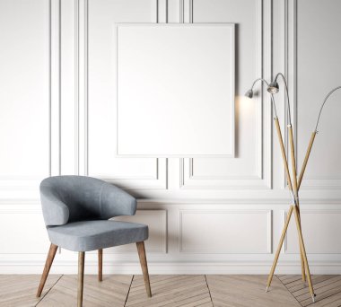 Beyaz iç fonda poster çerçevesi ve oturma odasında mavi gri sandalye olan ahşap zemin, 3D çizim, 3D illüstrasyon