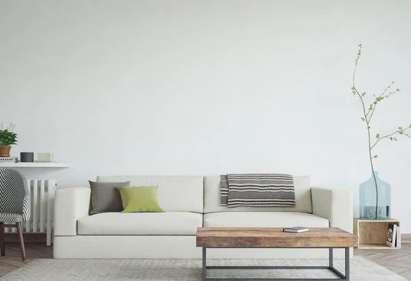 Mock Up Wall In Modern Interior Background, modern living Room design, Scandinavian Style, 3D render, 3D illustration