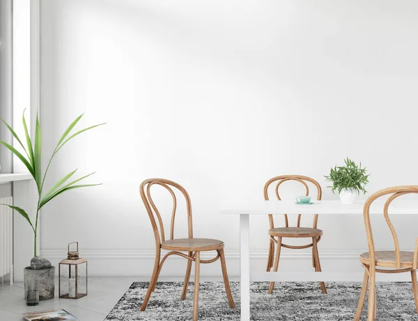 白い背景のインテリアダイニングルーム 緑の植物と木製の椅子と北欧スタイル — ストック写真