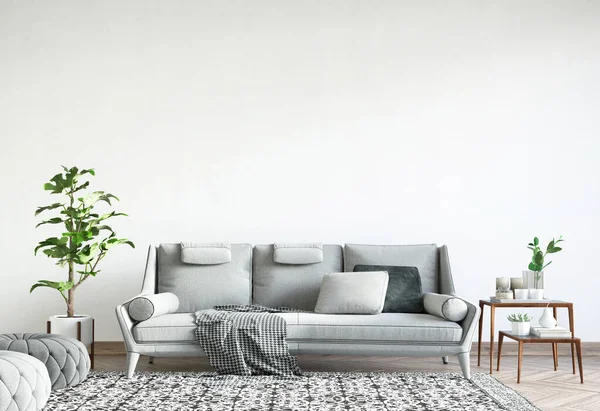 Mock Wall Bright Interior Design Gray Sofa Plant Carpet Modern — Stock Photo, Image