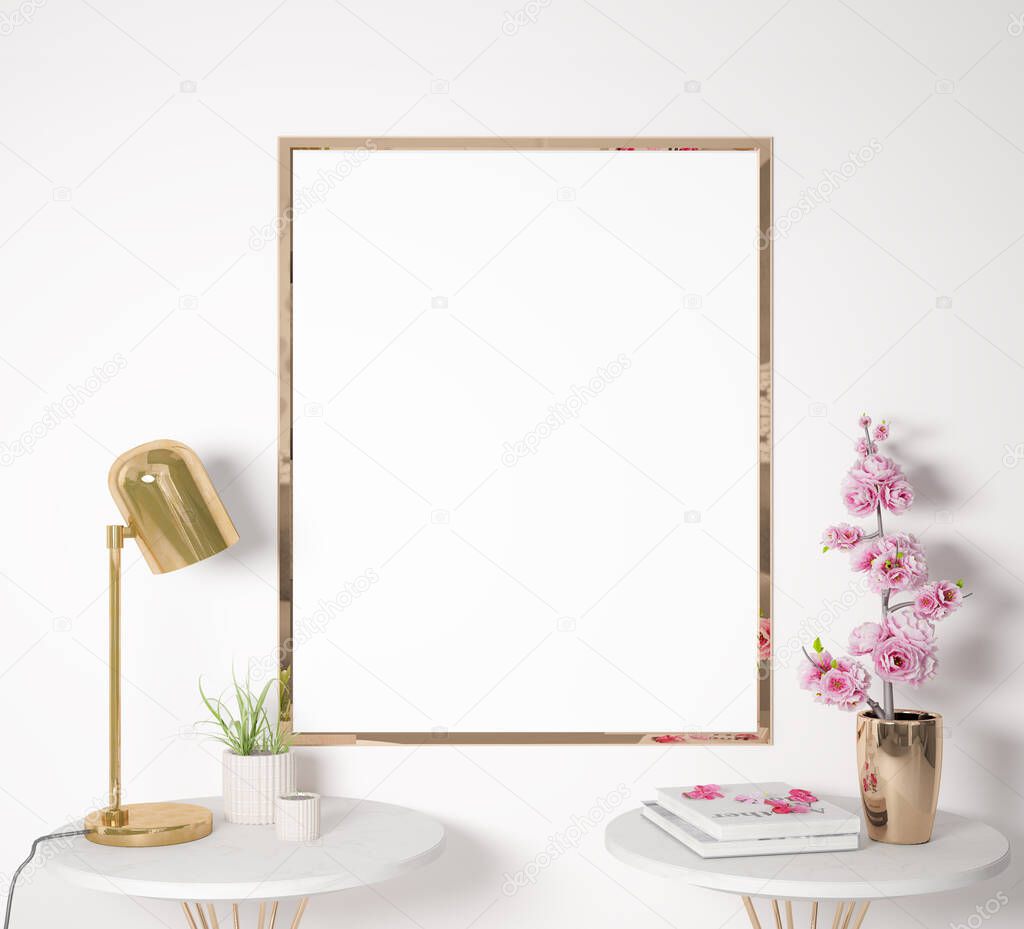 Mock up poster frame interior decoration in white background, luxury style with small pink plant and golden home accessories, modern design, 3D render