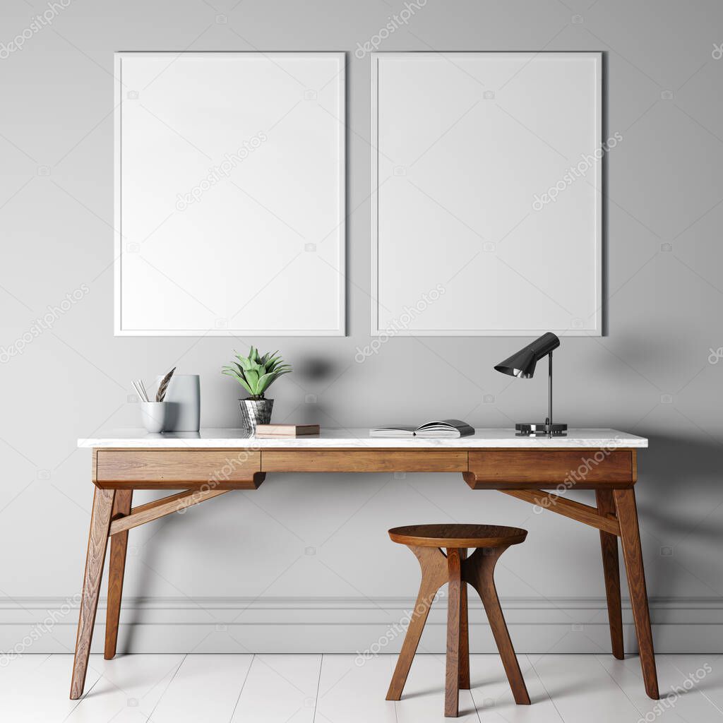 Two empty white frames mock-up. Modern interior space with beautiful wooden desk and chair. 3d render