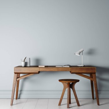 Parlak yeşil duvar, ahşap masa ve sandalyeli modern iç mekan. Boş duvar şablonu. Ev dekorasyon alanı. 3d hazırlayıcı