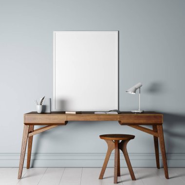 Parlak yeşil çerçeve, ahşap masa ve sandalyeli modern iç mekan. Boş bir çerçeve. Beyaz ev dekorasyonu aksesuarları. 3d hazırlayıcı