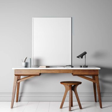 Beyaz çerçeve iç mekan gibi. Gri duvar modern arka planda ahşap ofis mobilyaları, 3 boyutlu çizim, 3 boyutlu resimleme