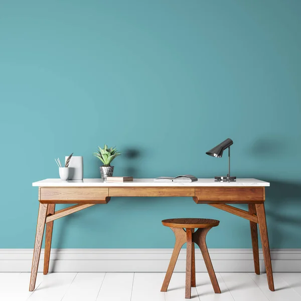 木製オフィス家具 3Dレンダリング 3Dイラストで現代的なインテリアの背景に空の青い壁を模倣 — ストック写真