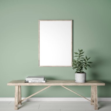 İskandinav tarzında çerçeve, ahşap dikey çerçeve. Yeşil arka plan, ahşap kırsal bank, kitaplar ve yeşil bitki.