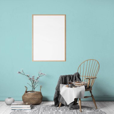 Moda, İskandinav tarzında poster çerçevesi, boş ahşap çerçeve ve yeşil duvarda ahşap sandalye, 3 boyutlu çizim, 3 boyutlu resim