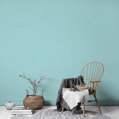 Şık moda İskandinav tarzı, boş yeşil duvarda rattan sandalye, 3 boyutlu resim, 3 boyutlu resim