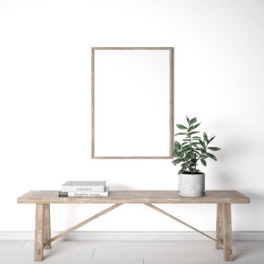 Çerçeve iç tasarımı, beyaz arka planda ahşap bank, ahşap dikey çerçeve, 3D çizim