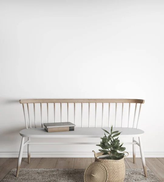 農家のスタイルでインテリアをモックアップ 空の白い背景 木製の椅子 籐のバスケットと緑の植物 3Dレンダリング 3Dイラスト — ストック写真