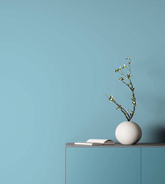 Mock-up Of blank bright blue wall with Small Plant In Vase. Close up image. 3d rendering.