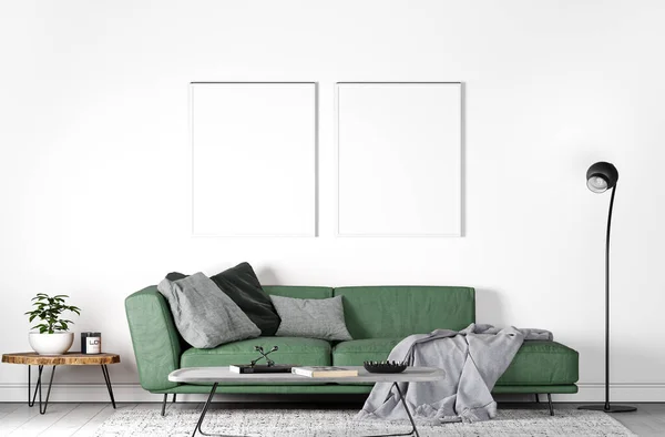 Mock Wall Modern Interior Background Zwei Rahmen Der Wohnzimmerwand Skandinavischer — Stockfoto