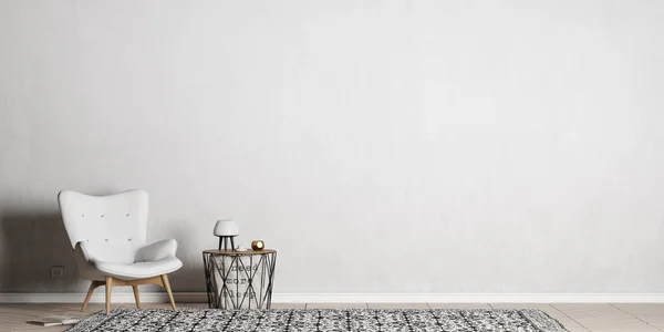 Interior Mock Ruang Tamu Dengan Kursi Putih Meja Kopi Kayu — Stok Foto