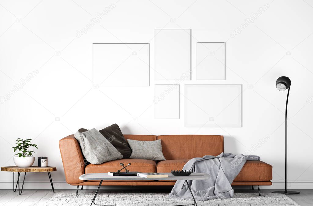 Mock Up Wall In Modern Interior Background, Gallery wall Living Room, Scandinavian Style, 3D render, 3D illustration