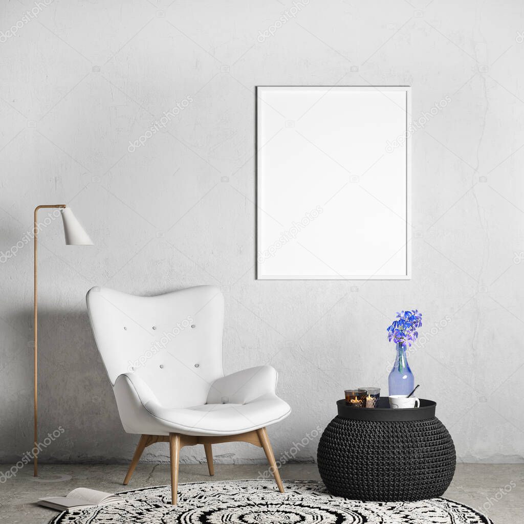 Mock up frame with empty background modern in living room interior with white armchair, black table and colored vase flower. 3D render