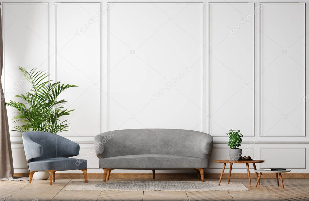 Mock up empty wall of Stylish new classic interior white background, with blue armchair in living room, Modern style, 3D render, 3D illustration