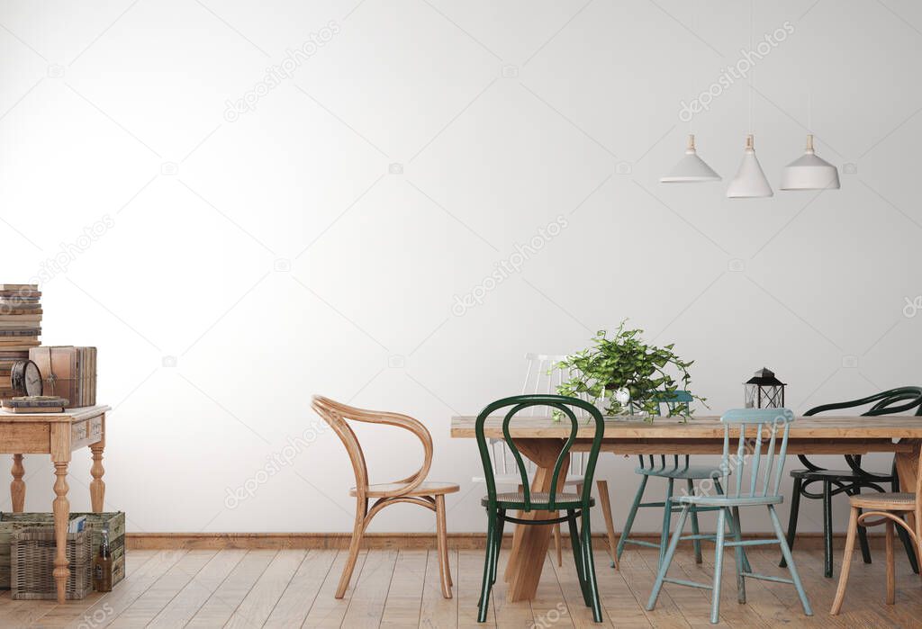 Mock up farmhouse dining room with wooden colored chairs and table. Minima design in white background. 3D illustration.