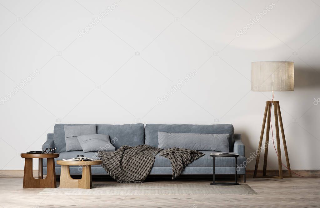 Mock up modern interior with Blue sofa, empty white background wall, Wooden table and floor lamp 3D render