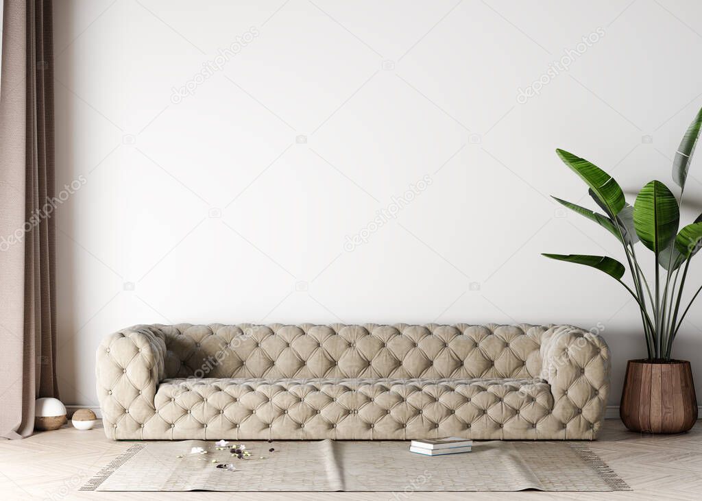 mock up living room in modern interior background, beige sofa in Scandinavian style, 3D render, 3D illustration