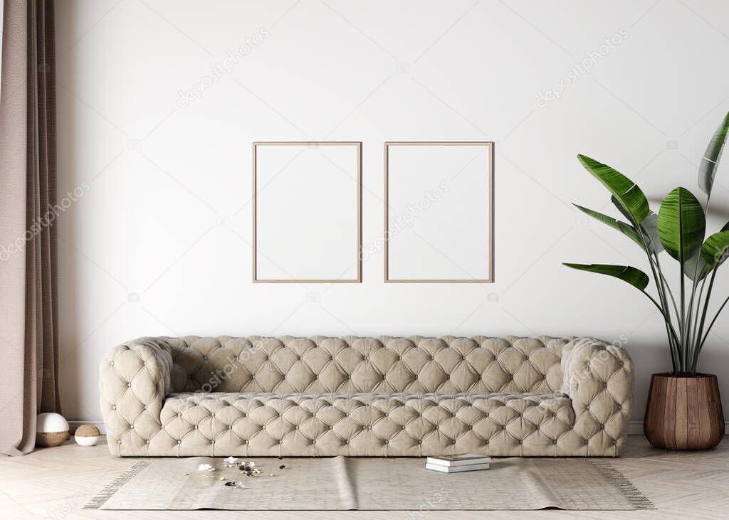 mock up poster frame living room in modern interior background, beige sofa in Scandinavian style, 3D render, 3D illustration