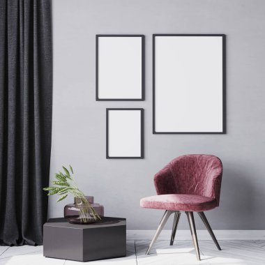 Siyah çerçeveli poster, gri modern arkaplan şeklinde. Kırmızı sandalye. Mermer masa. Cam vazo. Şablonu göster. 3D görüntüleme. resimleme