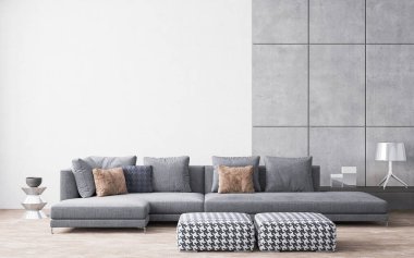 Beyaz ve beton arka planda oturma odasının iç tasarımı, modern gri kanepe ahşap masa ve zarif ev aksesuarları, 3 boyutlu dekorasyon.