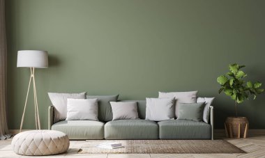Modern oturma odasındaki boş iç dekorasyon modeli, İskandinav tarzı beyaz yastıklı yeşil kanepe, 3D tasarım, illüstrasyon