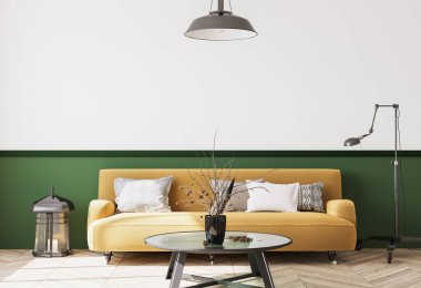 Modern yellow sofa in trendy design. Stylish white and green living room with wooden black coffee table. Retro floor and ceiling lighting. Template clipart