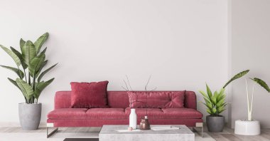 Modern moda, basit tarzda bir sürü yeşil bitki var. Kırmızı kanepe mobilyası. Ev dekoru. Hazırlama