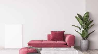 Parlak duvar arkasındaki boş beyaz tuval güzel bir oturma odasında taklit ediliyor. Kırmızı modern kanepe. Ev dekoru. 3d hazırlayıcı