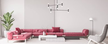 Minimum iç mekan için panorama. Gri koltuklu kırmızı kanepe. Boş bej duvar 