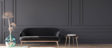 Tarz sahibi siyah oturma odası panoraması, İskandinav iç dairesi, moda mobilyalar. Mavi saksıda kurumuş çiçek bitkisi. Ev dekoru. Şablon