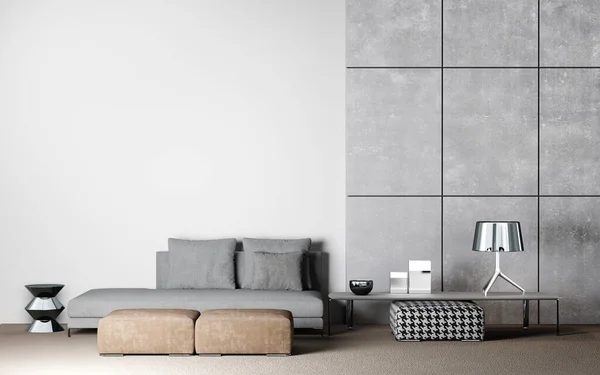 Wohnzimmereinrichtung Weiß Und Beton Hintergrund Modernes Graues Sofa Holztisch Und — Stockfoto