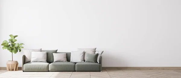 リビングルームの空の白い壁のための現代的なインテリアデザインは 緑のソファと木製の鍋でモックアップ パノラマテンプレート 3Dレンダリング イラスト — ストック写真