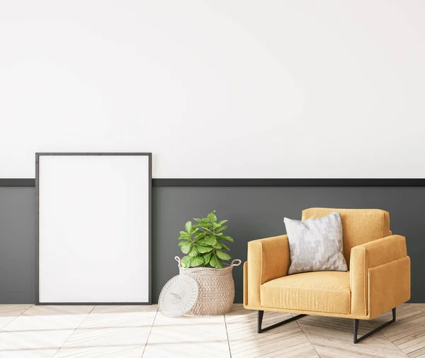 Moderner Gelber Sessel Trendigen Design Stilvolles Graues Wohnzimmer Mit Schwarzem — Stockfoto