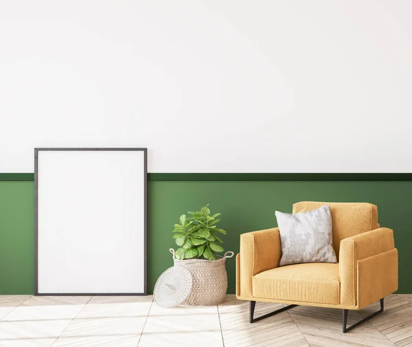 Moderner Gelber Sessel Trendigen Design Stilvolles Weißes Und Grünes Wohnzimmer — Stockfoto