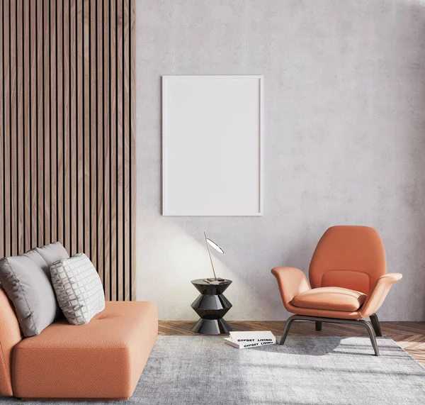 Skandinavisches Wohnzimmerdesign Mit Orangefarbenem Sofa Und Sesselmöbeln Beigem Tapetenhintergrund Und — Stockfoto