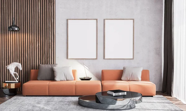 オレンジのソファ家具付きのリビングルームの北欧インテリアデザイン ヴィンテージベージュの壁紙の背景と木製の壁のストライプ ブラックテーブル ガラス棚の金のアクセサリー — ストック写真