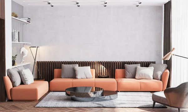 Skandinavisches Wohnzimmerdesign Mit Orangefarbenen Sofamöbeln Beigem Tapetenhintergrund Und Hölzernen Wandstreifen — Stockfoto