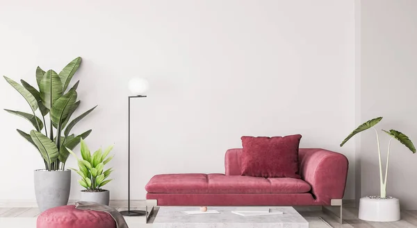 Bright Beige Wall Background Modern Interior Mock Red Sofa Furniture — Stock Photo, Image